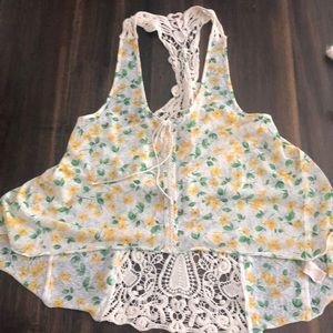 Free People Yellow Floral Top with Crochet Detail